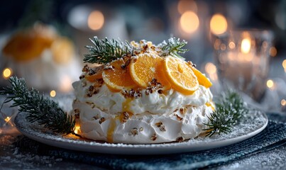 Pavlova dessert with whipped cream, orange slices, chopped nuts, and pine branches on a snowy plate, perfect for holidays
