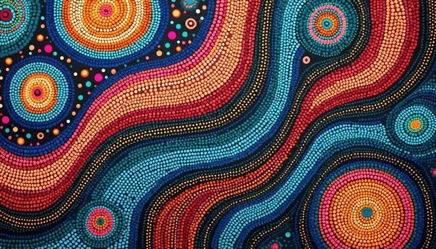 Colorful abstract artwork uses dotwork technique. Wavy lines and circles in bright blue, red, orange, pink form intricate patterns. Dark background contrasts vivid, multi colored design. - Powered by Adobe