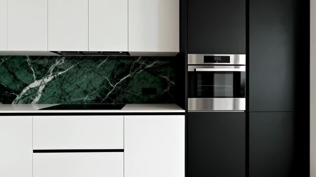 Black and white minimalist modern kitchen interior with dark green marble backsplash and integrated appliances
