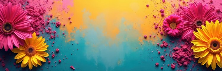 Bright gerbera daisies bloom in vibrant pink powder against a yellow and teal abstract background. This energetic floral composition celebrates spring festivals and joy.