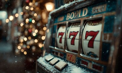 Close up of a vintage slot machine covered in snow, showing lucky triple sevens during the festive winter season