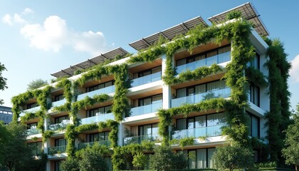 Fototapeta premium Modern eco hotel building features solar panels on roof, green vertical gardens climbing exterior walls. Sustainable architecture offers balconies with glass railings, large windows, eco friendly