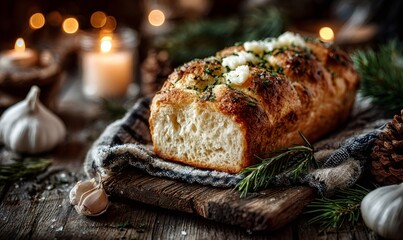 Freshly baked garlic bread loaf on a wooden board, garnished with herbs and garlic, surrounded by festive holiday decorations