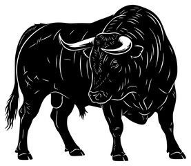 A black and white illustration of a bison standing in profile, animal, black, buffalo, bull, illustration, image, profile, stand, trumpet, against transparent background