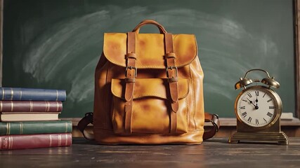 Back to School Essentials - Backpack, Books, and Alarm Clock Still Life.
