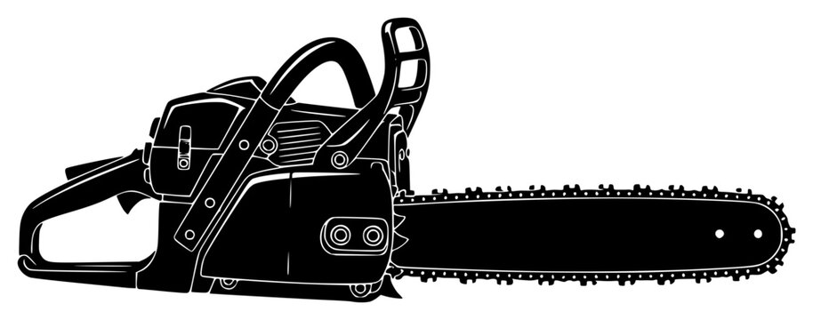 A black and white silhouette of a chainsaw, black, chain saw, equipment, illustration, profile, saw, tool, against transparent background
