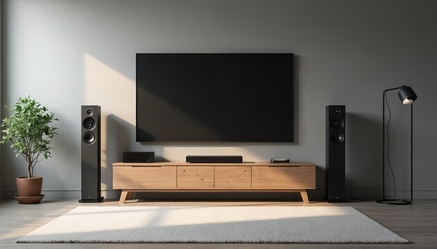Minimalist living room features large black television, wooden media console, tall speakers, and floor lamp. A plant adds touch of nature, white rug on floor. Modern home entertainment setup.