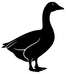 A black silhouette of a duck standing on a , black, duck, goose, illustration, profile, stand, against transparent background