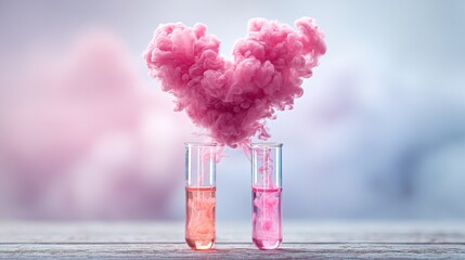 Two test tubes sit on surface with colored liquids inside. Pink smoke rises and forms heart shape in air. setting appears to be lab or studio space