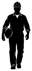 A silhouette of a construction worker walking with a hard hat, black, construction worker, hat, illustration, man, profile, snowboarder, walk, wear, against transparent background