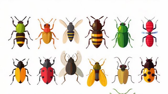 Video A collection of colorful insects sitting on a white surface, great for topics about entomology or nature