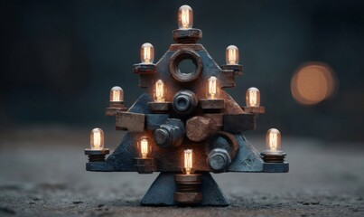 Industrial christmas tree sculpture crafted from metal parts and gears, illuminated by vintage edison light bulbs, symbolizing creative holidays