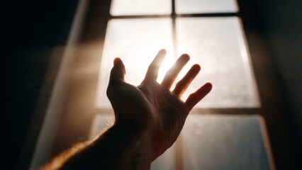 Hand reaching toward bright window light, symbol of aspiration, tall framing enhances upward direction.