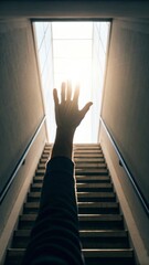 Aspiration symbolized by hand reaching for bright window light indoor staircase inspirational concept upward view
