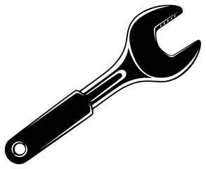 A black and white illustration of a wrench, black, icon, illustration, profile, repair, screwdriver, tool, wrench, against transparent background