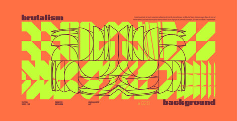 Symmetrical trendy coral color modernism artwork banner in brutalism aesthetics, Abstract vector geometric background, tech shapes and lines composition, cyberpunk y2k gaming futuristic pattern