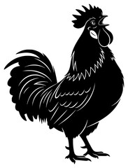 A black and white silhouette of a rooster standing confidently, black, cock, illustration, profile, stand, symbol, against transparent background