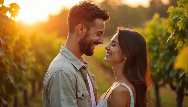 Man, woman smile looking at amid vineyard rows during golden sunset. Couple shares loving gaze, connection, happiness in romantic outdoor setting. Warm sunlight filters through grape leaves, creating - Powered by Adobe