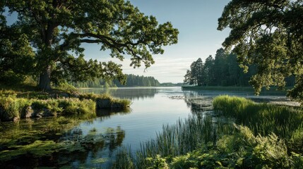 Obraz premium Serene Morning Glow: A Summer Lake Scene in Sweden with Lush Green Trees and Quacking Ducks