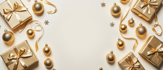 Golden holiday gifts and ornaments arranged on a light background, creating a festive atmosphere with ample copy space for seasonal greetings or messages