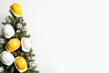 Construction helmets adorned on a festive Christmas tree with colorful ornaments and a blank background, creating a unique holiday decoration concept