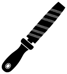 A black and white silhouette of a knife with a handle, black, blade, flat, handle, icon, illustration, kitchen knife, knife, profile, strip, sword, tool, against transparent background
