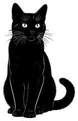 A black cat sitting in profile, looking at the viewer, black, cat, eye, illustration, sit, stare, against transparent background