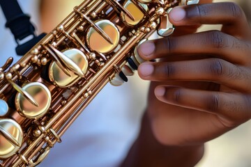 Obraz premium A close up view shows a hand gently pressing the gleaming golden keys on a classic brass musical saxophone.
