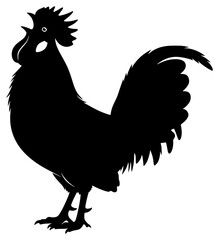 A black silhouette of a rooster standing on a , black, cock, illustration, profile, stand, symbol, against transparent background © Alloca Design Studio