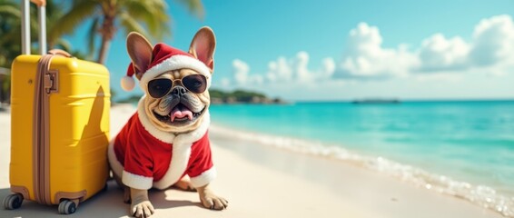 Playful dog wearing Santa costume and sunglasses sits beside yellow suitcase on sandy beach, enjoying a sunny day by the turquoise ocean with palm trees