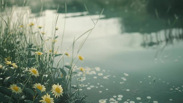 Video A group of bright yellow flowers sit peacefully beside a body of water, perfect for use in designs related to nature, serenity, or spring themes