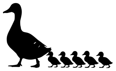A black silhouette of a mother duck and her ducklings walking together, black, duck, duckling, profile, stand, against transparent background