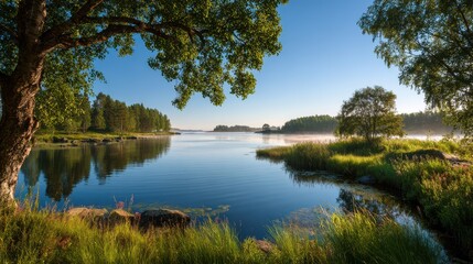 Obraz premium Tranquil Summer Lake Scene in Sweden: Morning Light Reflecting on Green Trees and Serene Duck Pond
