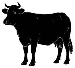 A black silhouette of a cow standing on a , animal, black, bull, cattle, cow, illustration, profile, stand, trumpet, against transparent background