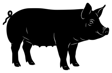 A black silhouette of a pig on a , animal, black, illustration, pig, profile, stand, against transparent background