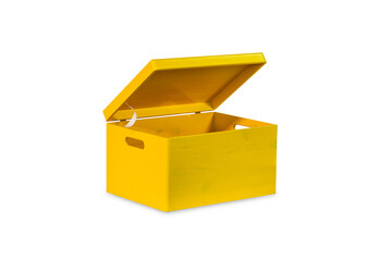 Yellow wooden box with handles and a hinged lid. Wooden box with a lid.