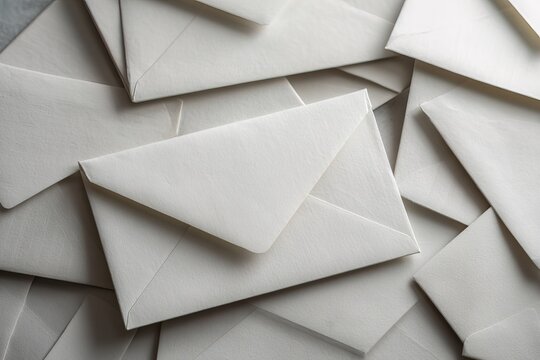 A collection of white envelopes is arranged closely on a flat surface. The envelopes vary slightly in positioning, creating a layered effect. Shadows are present beneath them