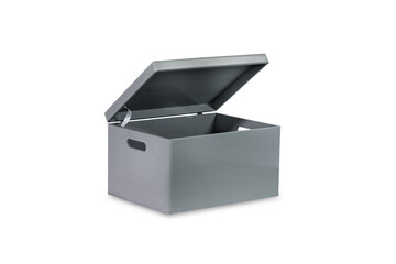 Gray wooden box with handles and a hinged lid. Wooden box with a lid.