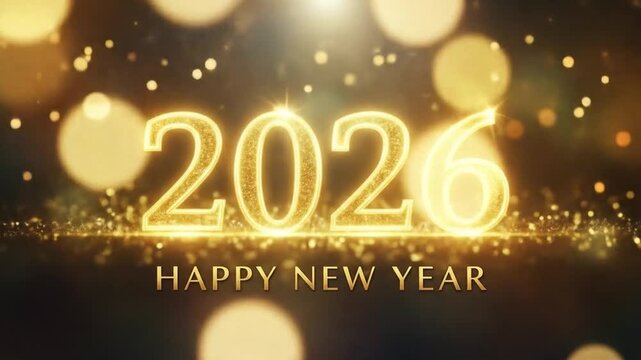 Golden numbers 2026 shining brightly with happy new year text and sparkling bokeh in luxurious festive celebration. 4k videos
