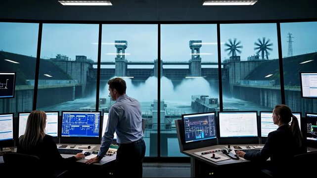 Two operators and one supervisor monitor systems in a control room overlooking a large hydroelectric power dam releasing water