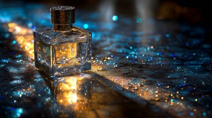 Elegant crystal fragrance bottle with gold cap shines on glittering surface under dramatic bokeh lights