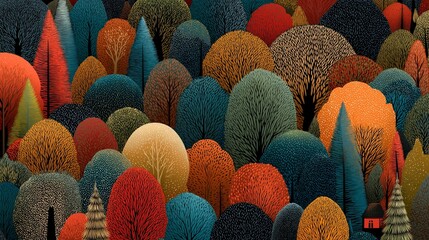 Vibrant autumn forest in stylized illustration