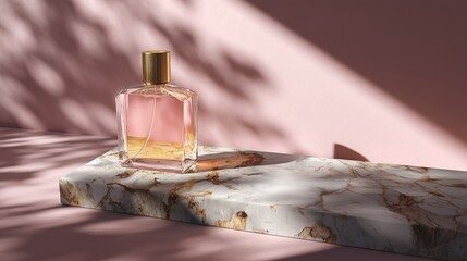 A sleek glass bottle resting on a polished marble countertop