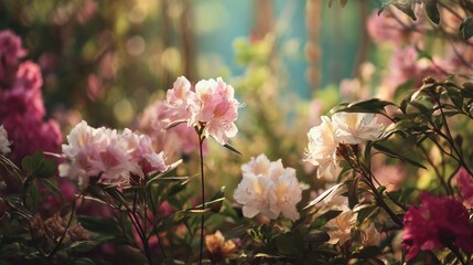 Sunlit garden path with blooming flowers
