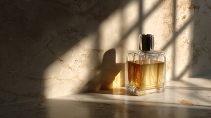 An elegant vessel made of glass, displayed upon a smooth marble surface