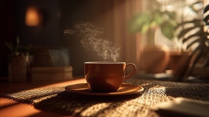 Steaming hot coffee cup in a sunlit, cozy, home setting