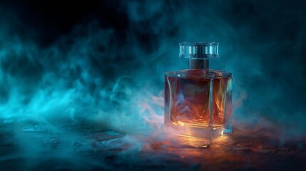 Amber perfume bottle emerges from smoke, advertising concept