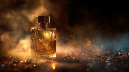 A smoky atmosphere parts to reveal a glowing amber perfume bottle, an evocative ad concept