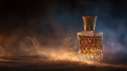 An amber fragrance bottle dramatically materializing from a veil of smoke