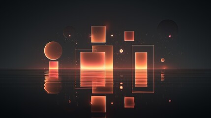 Glowing shapes reflect over calm water